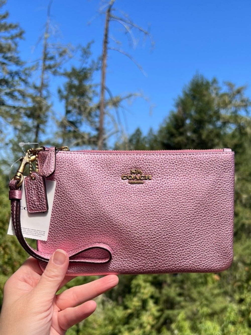 COACH Pink Metallic Wristlet Wallet Phone Pouch Gold Hardware NWT AUTHENTIC